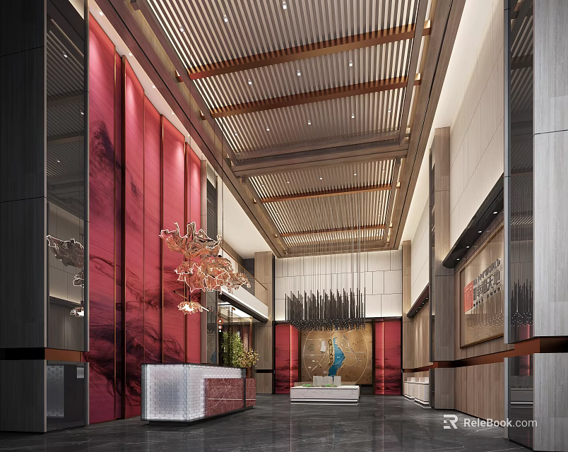Hotel Lobby Interior Design With Stylish Ceiling Wooden Elements Chandelier And Reception Desk 3d model 