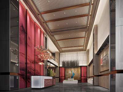 Hotel Lobby Interior Design With Stylish Ceiling Wooden Elements Chandelier And Reception Desk 3d model
