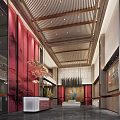 Hotel Lobby Interior Design With Stylish Ceiling Wooden Elements Chandelier And Reception Desk