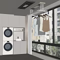 Clothes Hanger with Hanging Clothes in Modern Laundry Room Featuring Washing Machines and White Cabinets