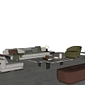 Modern Beige Sofa and Coffee Table Set with Green Armchair Brown Ottoman and Marble Top