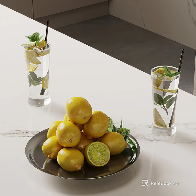Fresh Lemons On Black Plate With Mint Water Glasses On Marble Countertop 3d model 