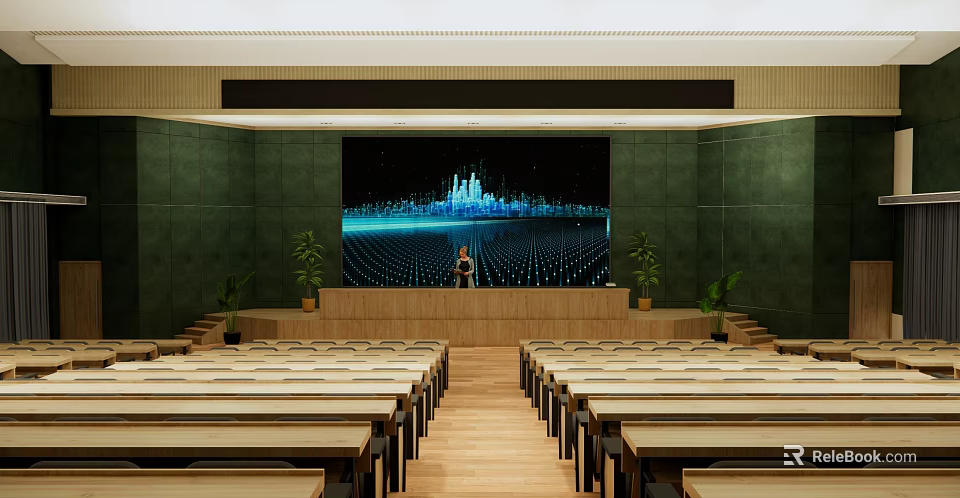 School Lecture Hall Interior With Stage Large Screen Green Walls And Rows Of Seats 3d model 