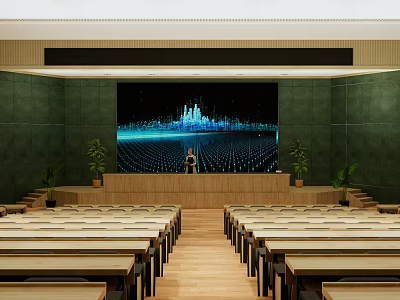 School Lecture Hall Interior With Stage Large Screen Green Walls And Rows Of Seats 3d model