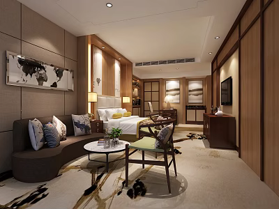 Modern Hotel Room Interior With Sofa Coffee Table Bed TV Carpet And Decorative Painting 3d model