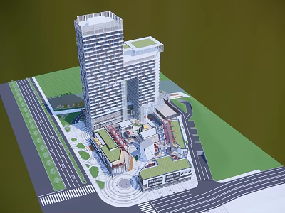 Modern Commercial Complex With High Rise Buildings Low Rise Structures Green Spaces And Circular Plaza 3d model