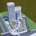 Modern Commercial Complex With High Rise Buildings Low Rise Structures Green Spaces And Circular Plaza