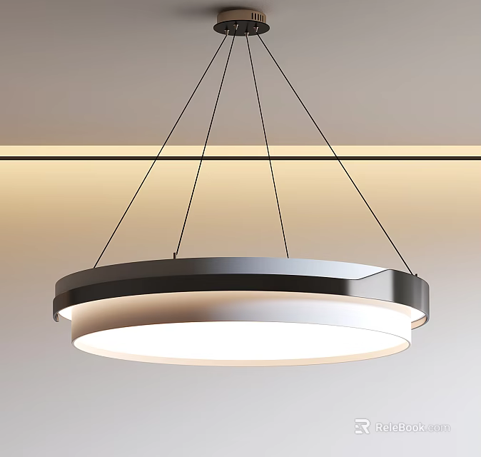 Modern Circular Illuminated Pendant Light With Sleek Metal Frame Hanging From Ceiling 3d model 