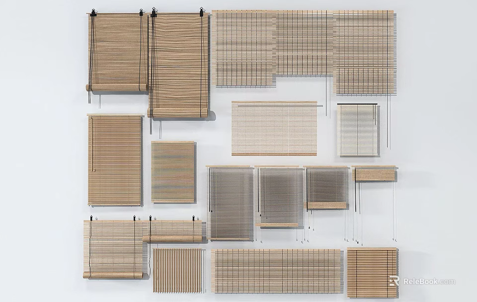 Various Natural Wood Window Blinds In Different Styles With Woven Patterns For Home Interior 3d model 