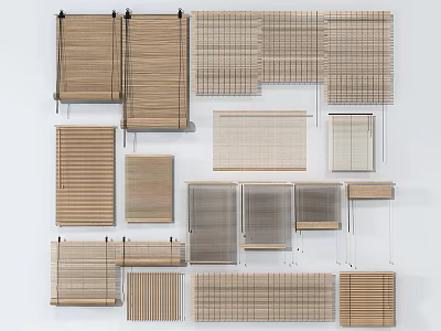 Various Natural Wood Window Blinds In Different Styles With Woven Patterns For Home Interior 3d model