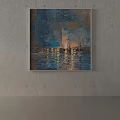 Oil Painting Seascape on Gray Concrete Wall with Sunset Reflective Water and Distant Boats