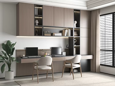 Modern Home Office Interior With Wooden Bookshelf Double Desk Laptops Comfortable Chairs And Large Plant 3d model