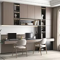 Modern Home Office Interior With Wooden Bookshelf Double Desk Laptops Comfortable Chairs And Large Plant