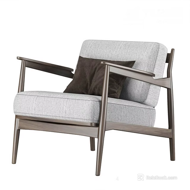 Modern Single Sofa With Light Gray Fabric Dark Wood Frame And Brown Cushion 3d model 