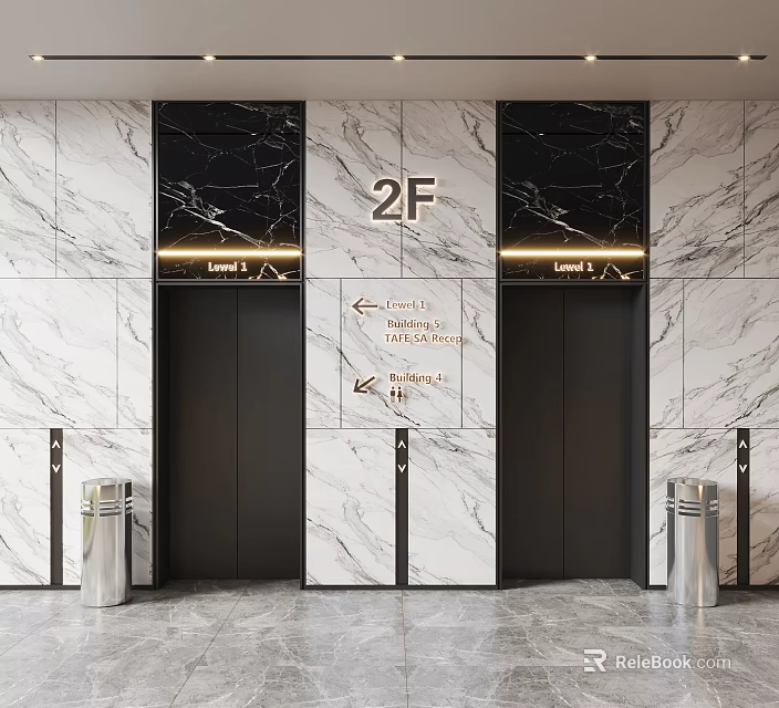 Modern Elevator Lobby With Marble Walls Black Doors 2F Sign And Direction Indicators 3d model 