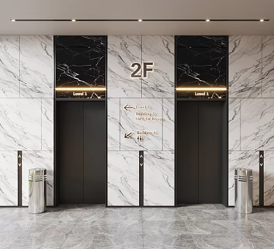 Modern Elevator Lobby With Marble Walls Black Doors 2F Sign And Direction Indicators 3d model