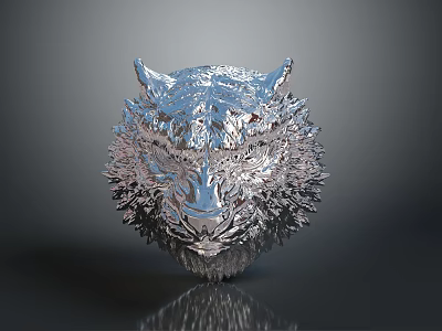 Silver Tiger Head Sculpture With Intricate Texture And Reflective Surface On Gray Background 3d model