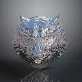Silver Tiger Head Sculpture With Intricate Texture And Reflective Surface On Gray Background