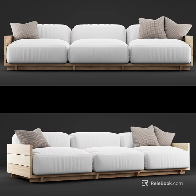 Modern Three Seater Sofa With White Fabric Cushions And Wooden Frame Design 3d model 