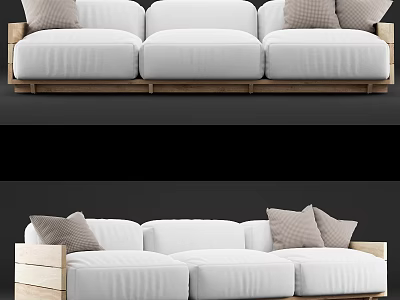 Modern Three Seater Sofa With White Fabric Cushions And Wooden Frame Design 3d model