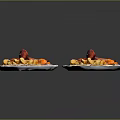 Delicious Grilled Meat Dish With Potatoes And Carrots On White Patterned Plates
