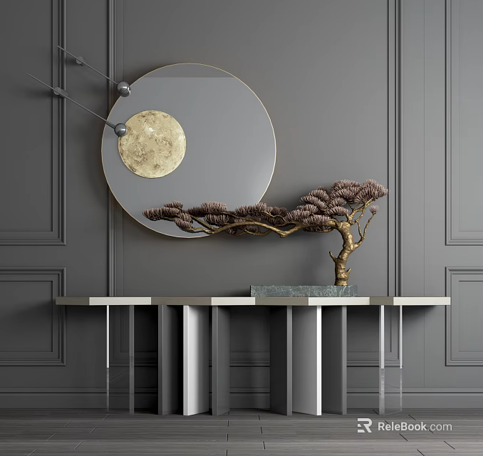 Elegant Modern Console Table With Round Mirror Decorative Pine Tree And Marble Top 3d model