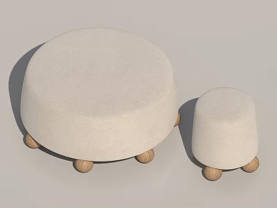 Large And Small Round Beige Fabric Stools With Wooden Legs For Home Decoration 3d model
