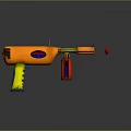 Orange And Yellow Toy Gun With Blue Button Red Parts Flying Red Projectiles From Muzzle