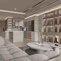 Modern Dining and Living Room Interior With Herringbone Flooring Built in Shelves and Sofa