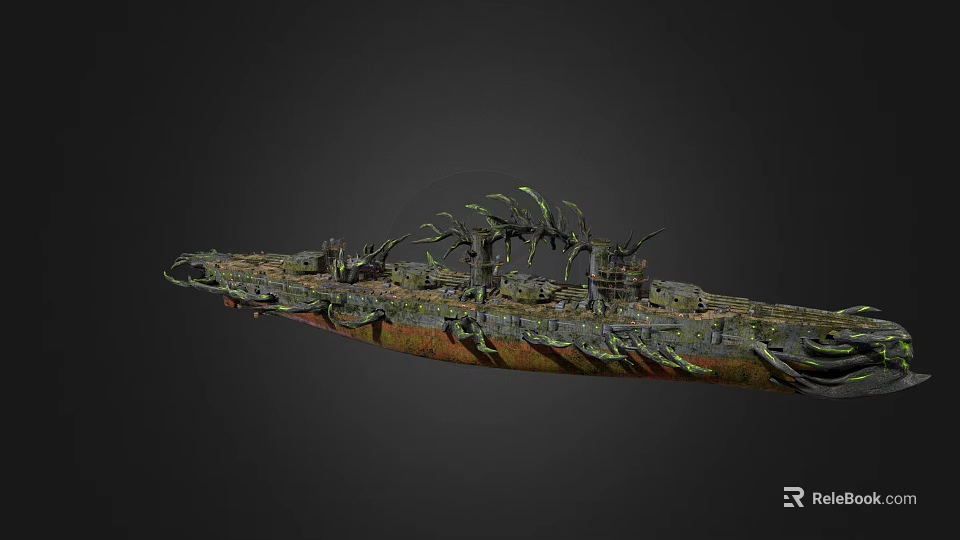 Abandoned Old Warship Covered With Marine Vegetation In Dark Background 3d model 