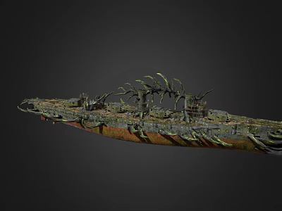 Abandoned Old Warship Covered With Marine Vegetation In Dark Background 3d model