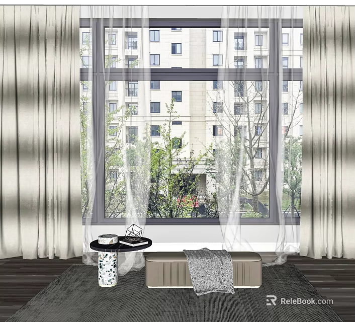 Light Colored Double Layer Curtains With Window Green Plants View And Bench 3d model