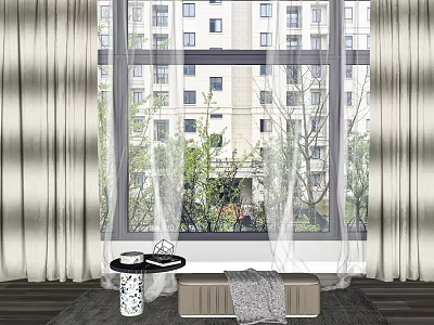 Light Colored Double Layer Curtains With Window Green Plants View And Bench 3d model