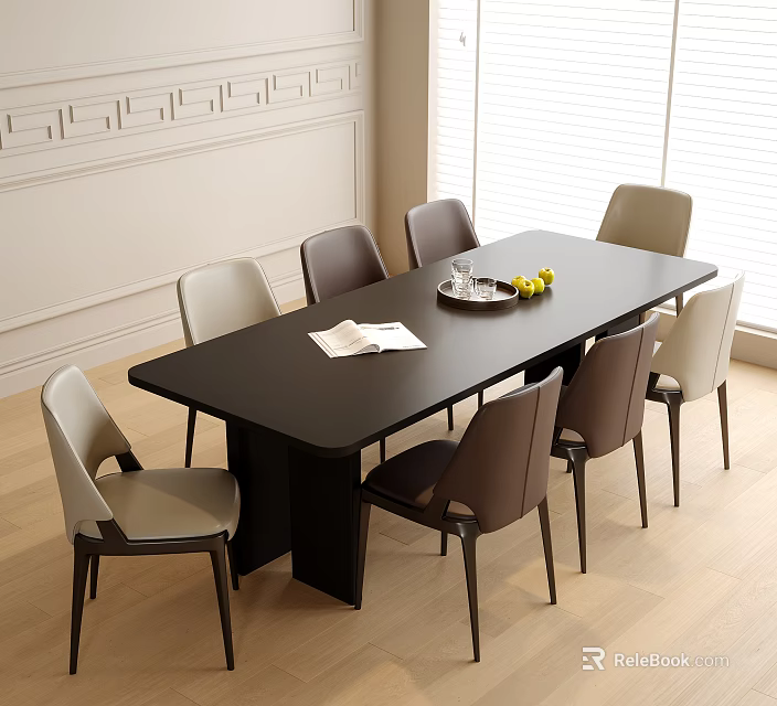 Black Dining Table with Light and Dark Gray Chairs and Tray with Open Book 3d model