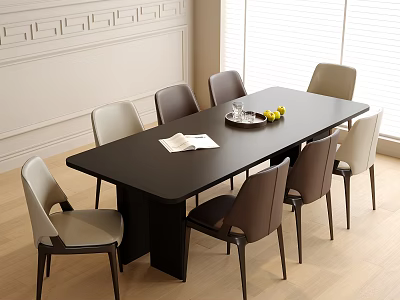 Black Dining Table with Light and Dark Gray Chairs and Tray with Open Book 3d model