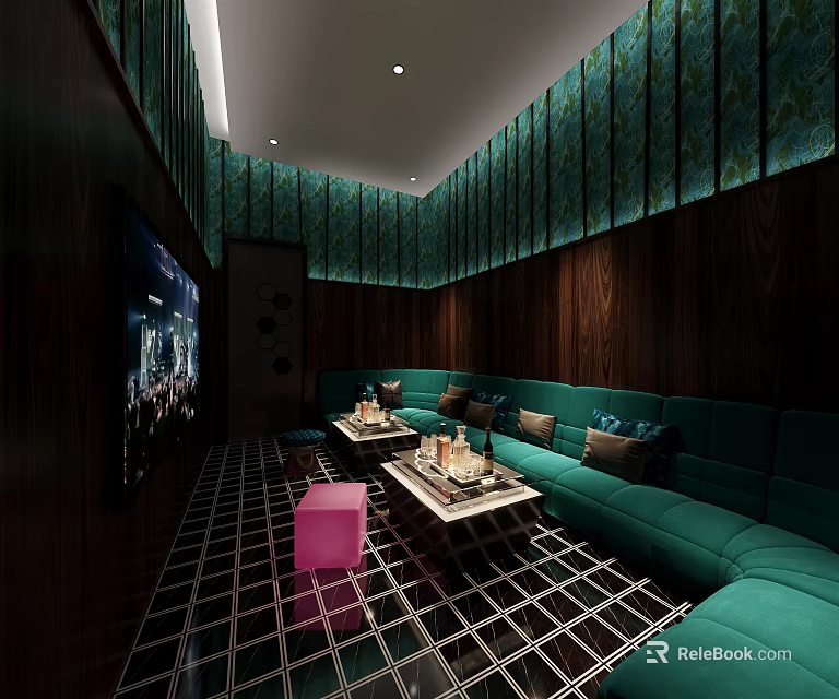 Modern KTV Interior Design With Green Sofas Wooden Walls And Grid Patterned Floor 3d model