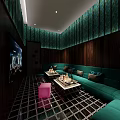 Modern KTV Interior Design With Green Sofas Wooden Walls And Grid Patterned Floor 3d model