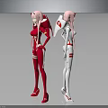 Two Pink Haired Characters in Red White Form Fitting Suits with Mechanical Details Gray Background