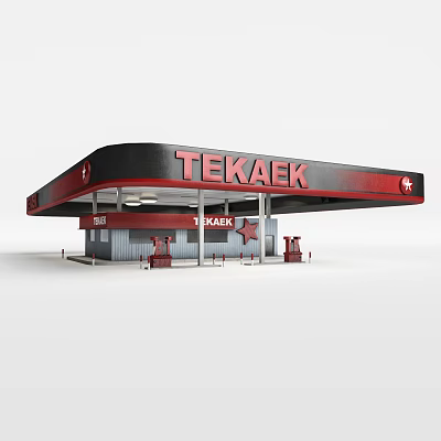 TEKAEK Gas Station With Red And Black Canopy And Fuel Pumps 3d model