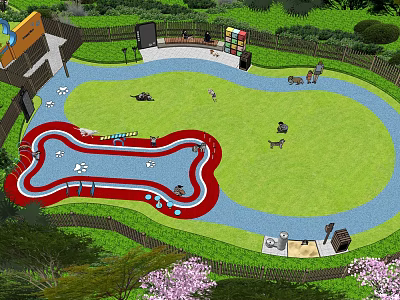 Outdoor Pet Park With Bone Shaped Pool Green Lawn And Dogs Playing In Fenced Area 3d model