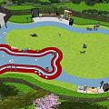 Outdoor Pet Park With Bone Shaped Pool Green Lawn And Dogs Playing In Fenced Area