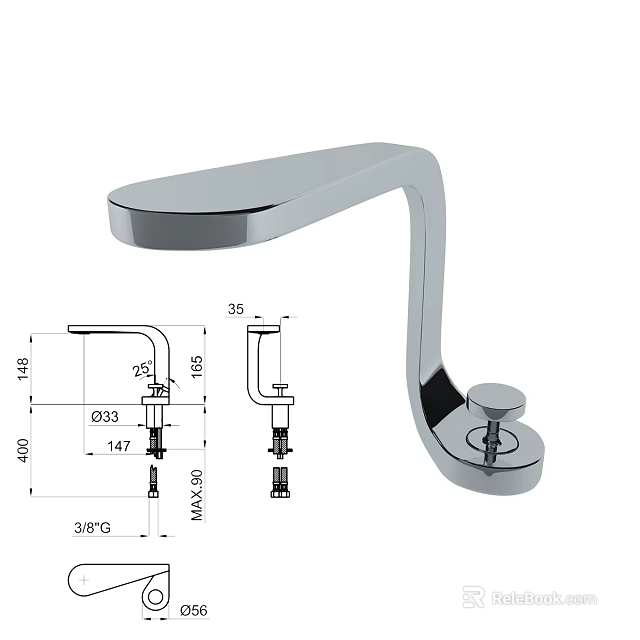 Modern Chrome Faucet with Technical Drawing Specifications and Detailed Dimensions 3d model