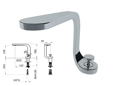 Modern Chrome Faucet with Technical Drawing Specifications and Detailed Dimensions 3d model