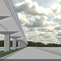 Scenic Highway Viaduct Roadway With Concrete Pillars Green Landscape And Cloudy Sky