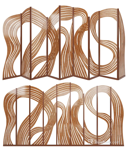 Elegant Modern Folding Screen With Wavy Wooden Curved Lines Design 3d model