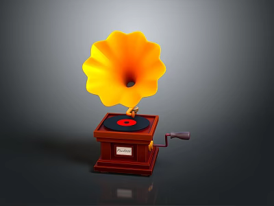 Vintage Gramophone With Yellow Horn Black Turntable Red Record And Brown Wooden Case 3d model