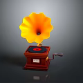 Vintage Gramophone With Yellow Horn Black Turntable Red Record And Brown Wooden Case