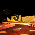Modern Stage Design With Golden Orange Geometric Decorations Lighting Effects And Dark Background