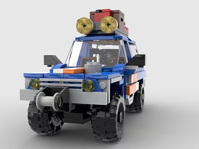 Blue Block Off Road Vehicle With Orange Stripes Roof Red Box Yellow Spotlights Black Tires 3d model