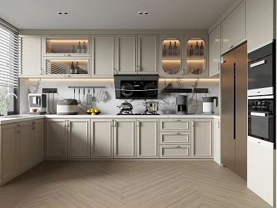 Modern Kitchen Interior With Light Colored Cabinets Glass Front Display And Appliances 3d model